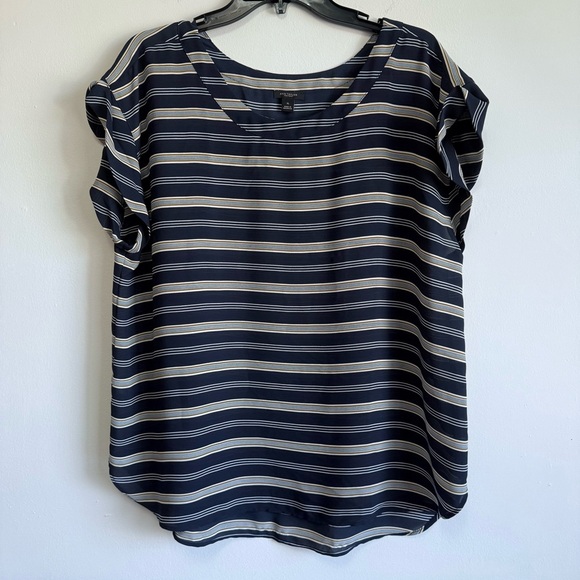 Ann Taylor Navy Blue Striped Roll-Tab Sleeve Scoop Neck Blouse Top Size XL - Picture 2 of 7